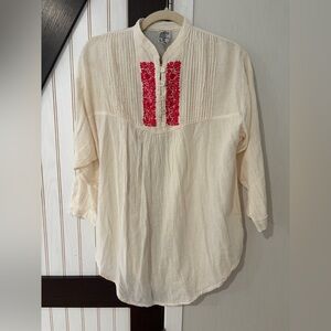 Embroidered Cream Blouse with Red Accents Gauzy Cotton Large
